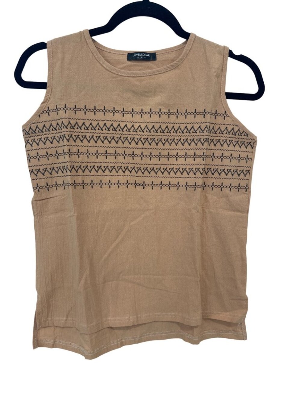 Love U Dear Embroidered Tank Top Women Size Medium Tan Polyester Bohemian Hippie